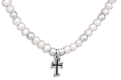 13" +2" Extension White Cultured Freshwater Pearl and Silver Bead Necklace with Cross Drop