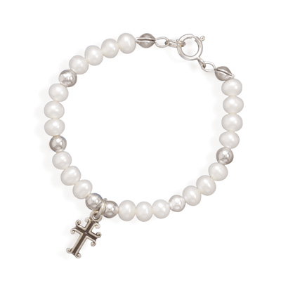 5" White Cultured Freshwater Pearl and Silver Bead Bracelet with Cross