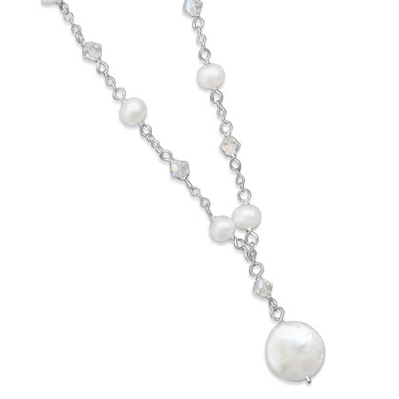 16" + 2" Extension White Coin Cultured Freshwater Pearl and Swarovski Crystal Necklace