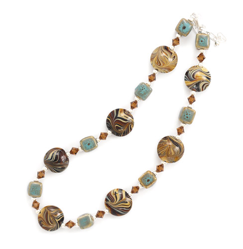 16"+2" Extension Ceramic and Brown Swirl Design Glass Bead Necklace with Austrian Crystals