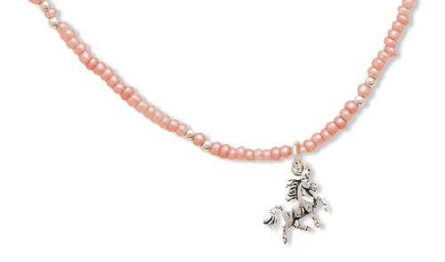 13"+2" Pink Seed Bead Necklace with Unicorn Charm