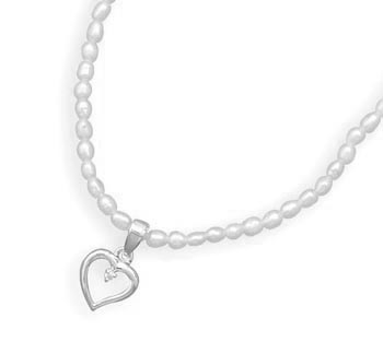 14"+1" Extension Cultured Freshwater Pearl Necklace with Heart
