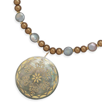 16"+2" Glass Pearl and Coin Pearl Necklace with Shell Pendant
