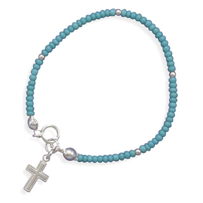 5.5" Turquoise Glass Bead Bracelet with Cross Charm