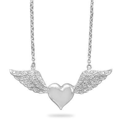 16" Rhodium Plated Heart with CZ Wings Necklace