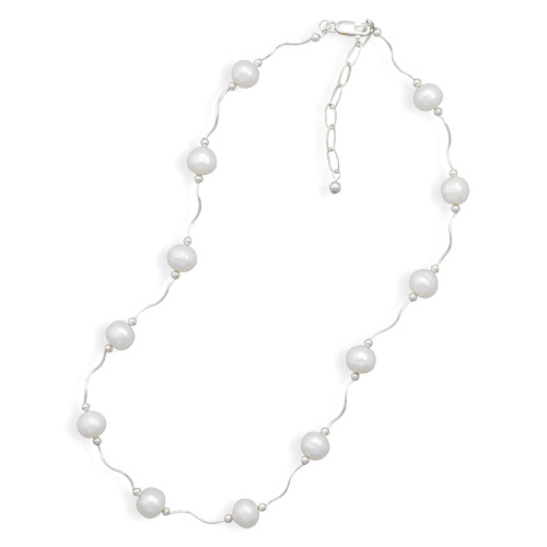 17"+2" Extension Wave Design Necklace with Cultured Freshwater Pearls
