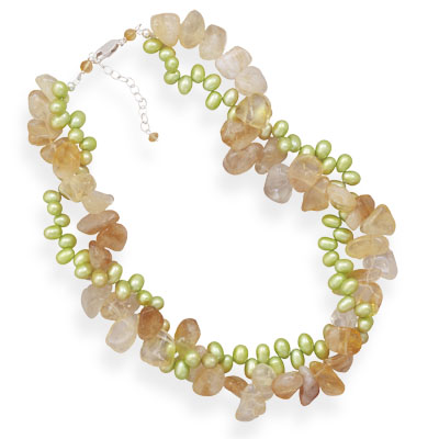 Citrine and Green Cultured Freshwater Pearl Twist Necklace