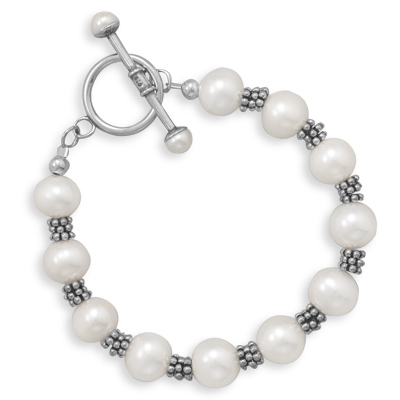 7" White Cultured Freshwater Pearl Toggle Bracelet