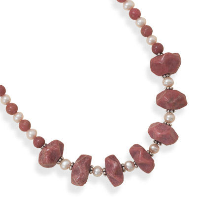 16.5"+2" Rhodocrosite and Cultured Freshwater Pearl Necklace