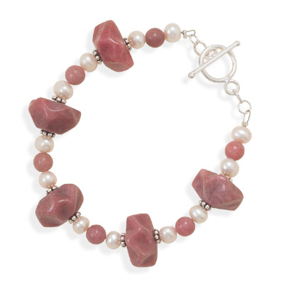 7.75" Rhodocrosite and Cultured Freshwater Pearl Toggle Bracelet