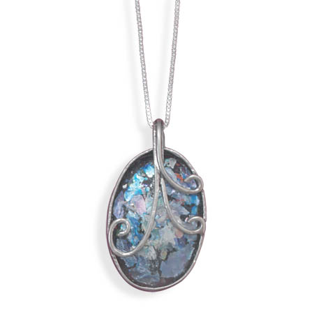 18" Oval Roman Glass with Wire Design Necklace