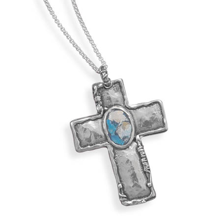 18" Oxidized Cross with Roman Glass Necklace