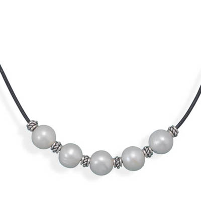 16"+2" Leather and Cultured Freshwater Pearl Necklace