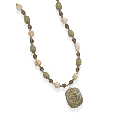 22"+2" Shell and Wood Necklace with Ceramic Rose Pendant