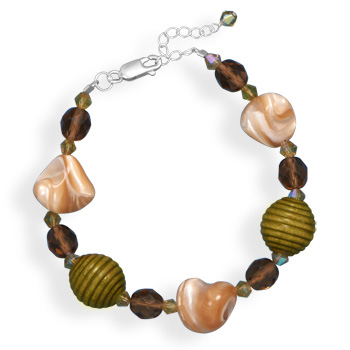 7"+1" Shell, Glass and Wood Bead Bracelet