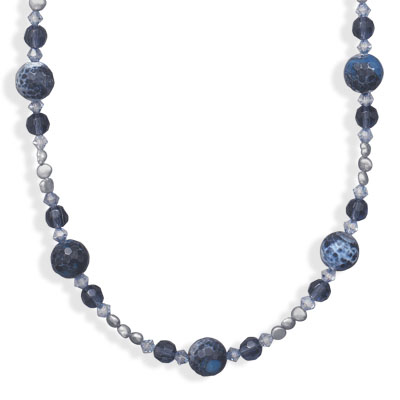 16"+2" Blue Fire Agate and Cultured Freshwater Pearl Necklace
