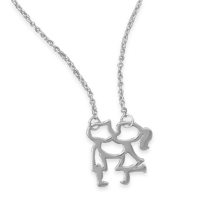 18" Rhodium Plated Kissing Girl and Boy Necklace