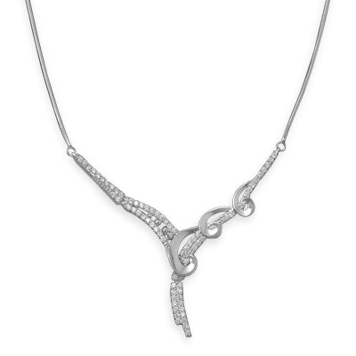 15"+2" Rhodium Plated Necklace with CZs and Swirl Pattern