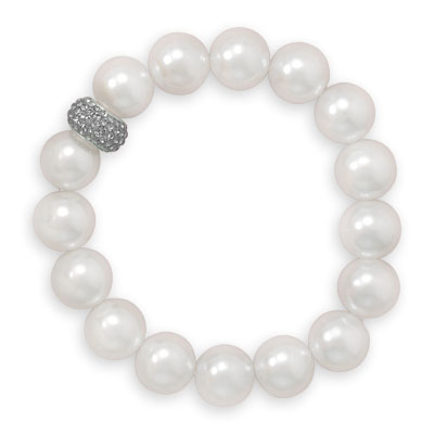 7" White Glass Pearl and Crystal Stretch Bracelet