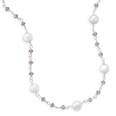 16.5"+2" Cultured Freshwater Coin Pearl and Crystal Necklace