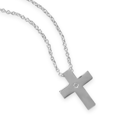 18" Rhodium Plated Cross Necklace with Diamond Accent
