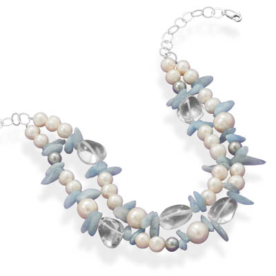 16" + 2" Cultured Freshwater Pearl, Aquamarine and Quartz Necklace