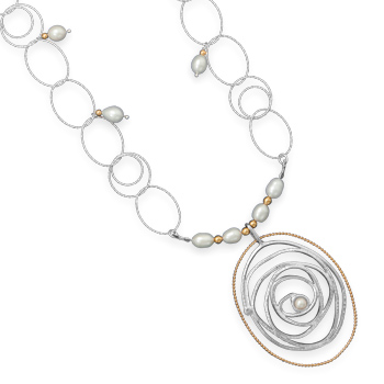 24" Two Tone Link Necklace with Cultured Freshwater Pearls