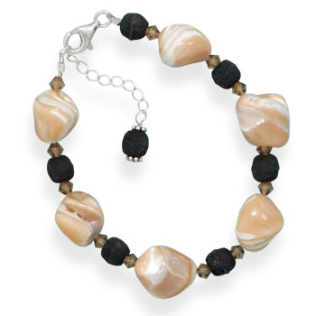 7" + 1" Mother of Pearl, Wood and Crystal Bead Bracelet
