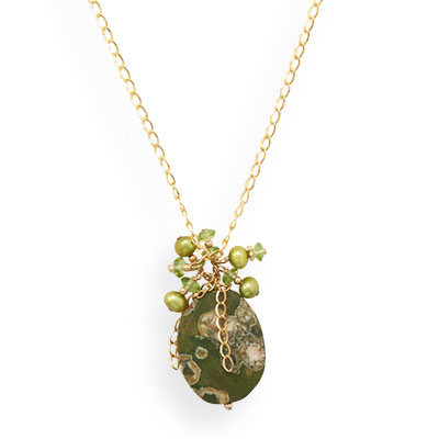 20" Handmade Gold Filled Necklace with Rainforest Jasper, Cultured Pearls, and Peridot