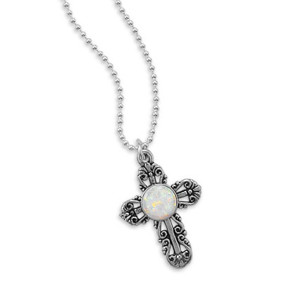 16" Synthetic Opal Filigree Cross Necklace