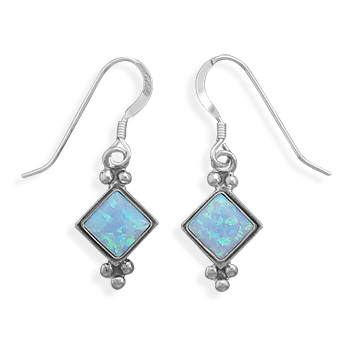 Diamond Shape Synthetic Blue Opal French Wire Earrings