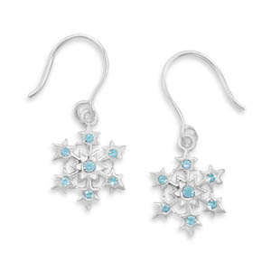 Small Aqua Crystal Snowflake Earrings on French Wire