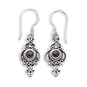Round Garnet Cabochon Oxidized Earrings on French Wire