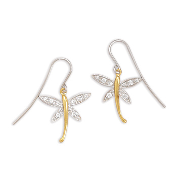 Rhodium Plated Silver/14K Gold Plated CZ Dragonfly Earrings on French Wire