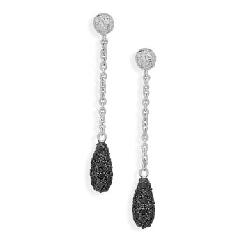 Rhodium Plated Black and Clear CZ Dangle Earrings
