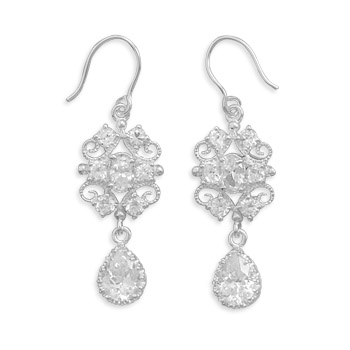Filigree Design CZ Drop Earrings on French Wire