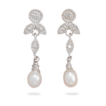 Rhodium Plated CZ and White Cultured Freshwater Pearl Earrings