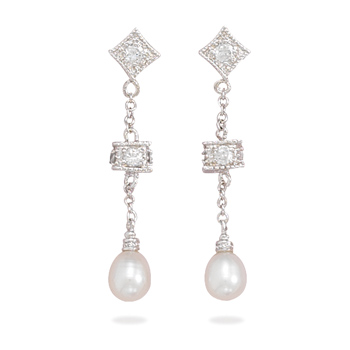 Rhodium Plated CZ and Cultured Freshwater Pearl Drop Post Earrings