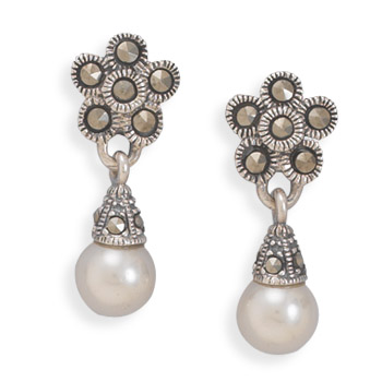 Marcasite Earrings with Imitation Pearl Drop
