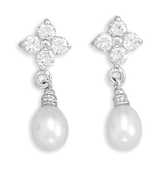 Rhodium Plated CZ Flower and Cultured Freshwater Pearl Post Earrings