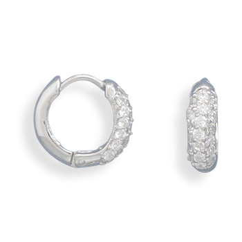 Rhodium Plated Small Pave CZ/Polished Hinged Earrings
