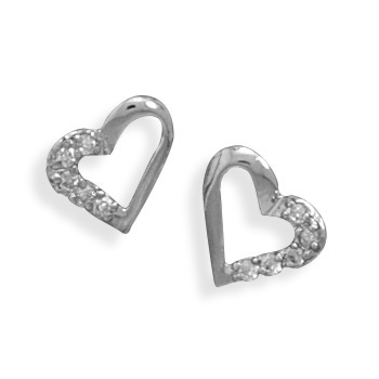 Rhodium Plated CZ/Polished Open Heart Post Earrings