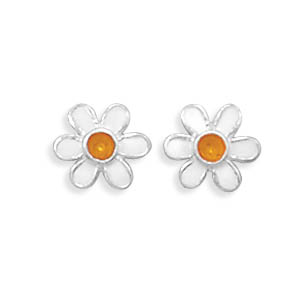 White and Orange Enamel Flower Earrings