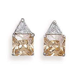 Rhodium Plated Clear and Champagne CZ Post Earrings