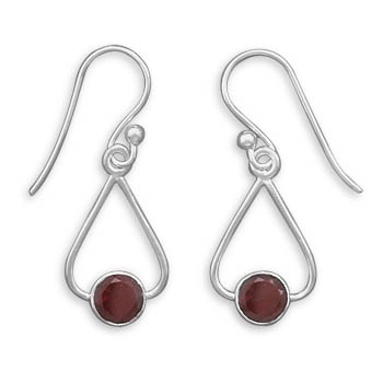 French Wire Earrings with Triangle Shape and Round Garnet Drop