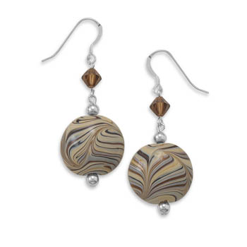 French Wire Earrings with Austrian Crystals and Brown Swirl Glass Bead
