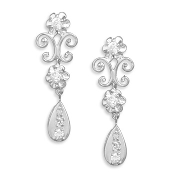 Rhodium Plated CZ Post Earrings with Scroll Design and CZ Drop