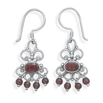 Scroll Design Earrings with Garnet on French Wire