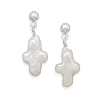White Cultured Freshwater Pearl Cross Post Earrings