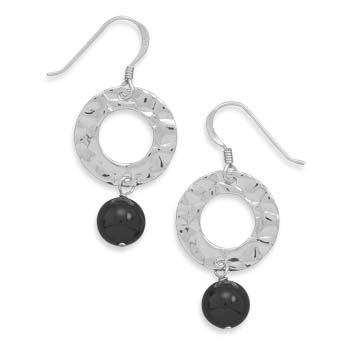 Rhodium Plated Hammered Circle Earrings with Black Onyx Bead Drops